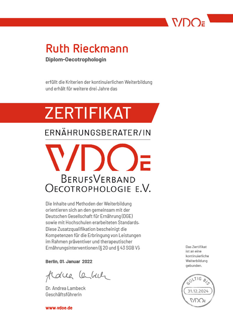 dieses Foto zeigt ein VDOE-Zertifikat von Ruth Rieckmann