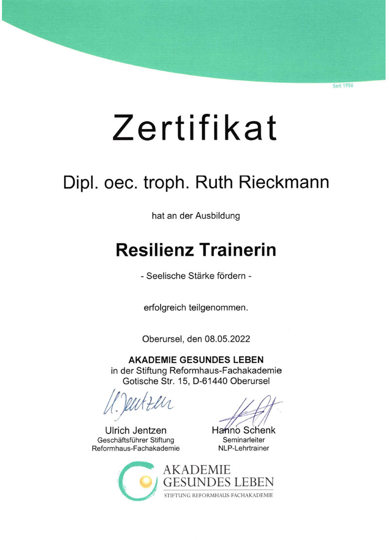 dieses Bild zeigt das Zertifikat zur Resilienz Trainerin von Ruth Rieckmann